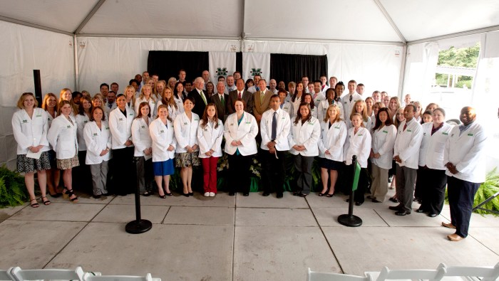 Marshall University School of Pharmacy's inaugural class and university and state officials gather for a photo at the school's ribbon-cutting in August 2012.