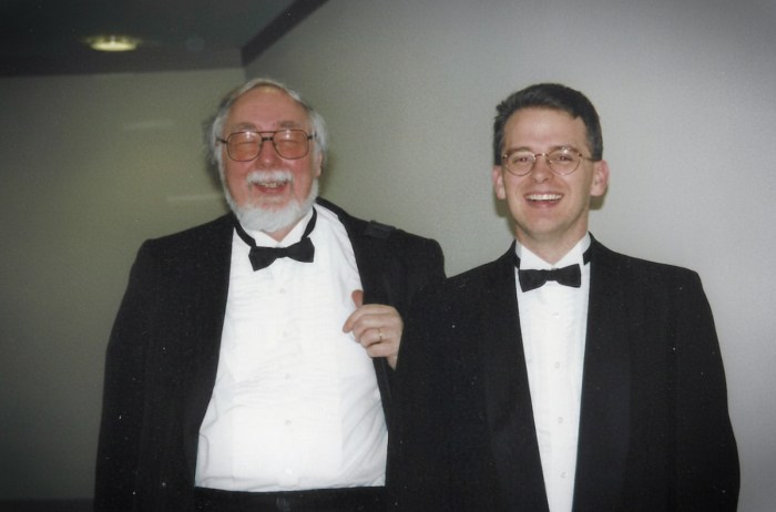 Dr. David Wiley is pictured with dean of the former College of Fine Arts, Paul Balshaw on the night of his senior recital for his bachelor's degree in Music.