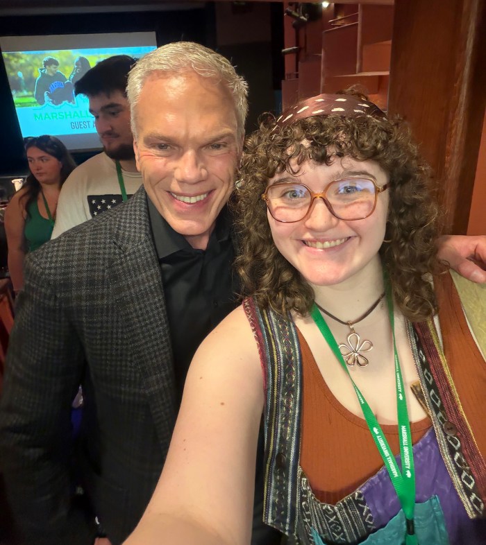 Payton Austin smiles for a selfie with Marshall University President, Brad D. Smith in the school's JCE Playhouse