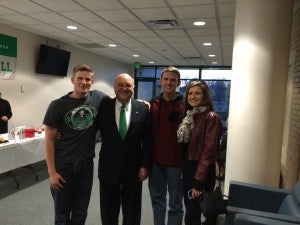 Left to right. Student Tad Martin, President Gary G. White, Student Josh Daugherty, and Danielle Daugherty