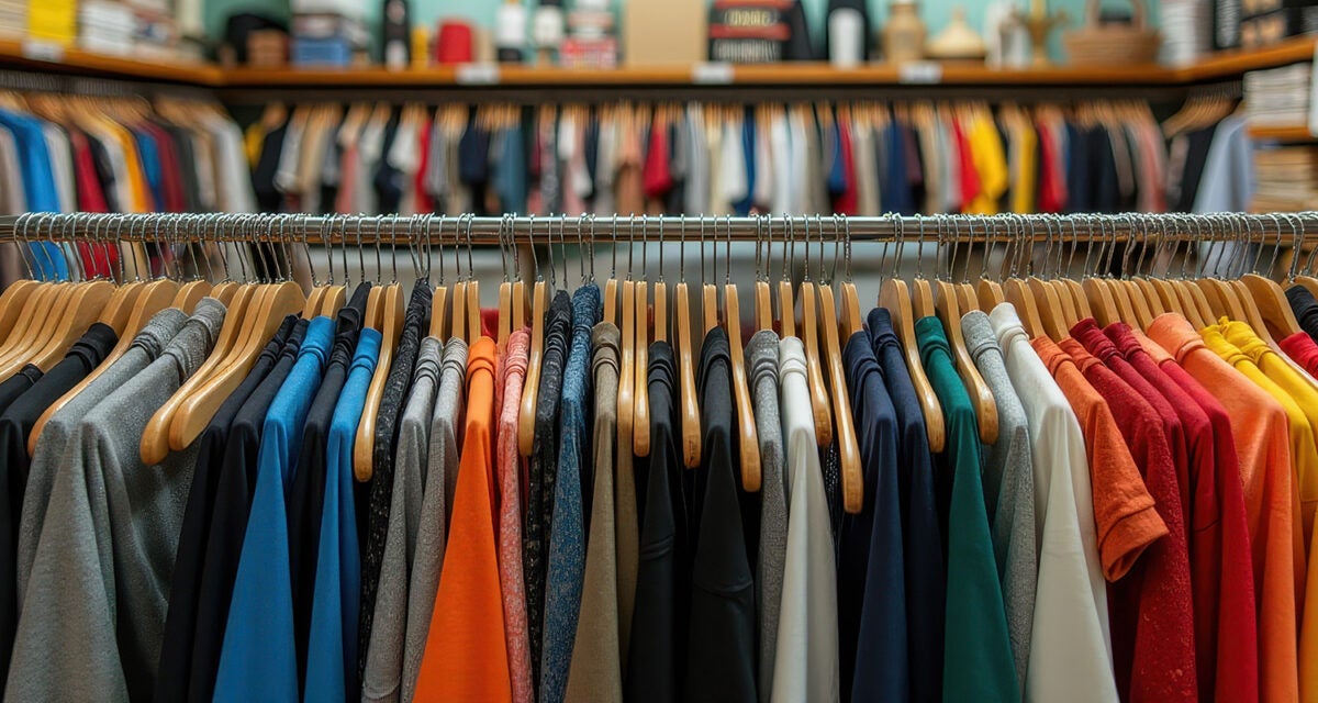 A rack of clothing with additional racks in the background