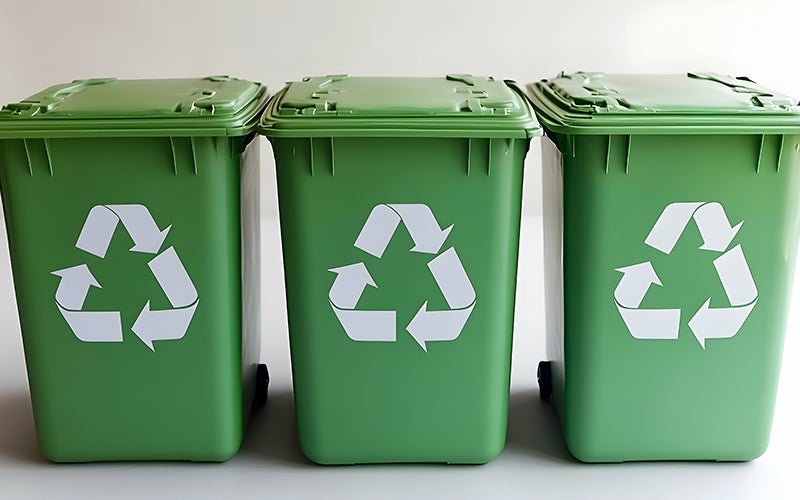 Three green recycle bins