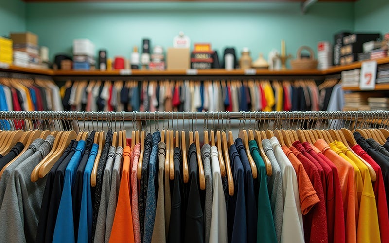 A rack of clothing with additional racks in the background