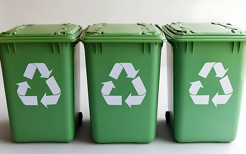 Three green recycle bins
