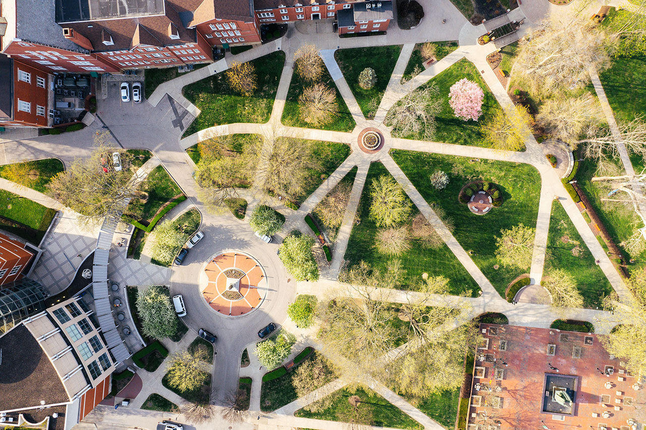 drone shot of campus