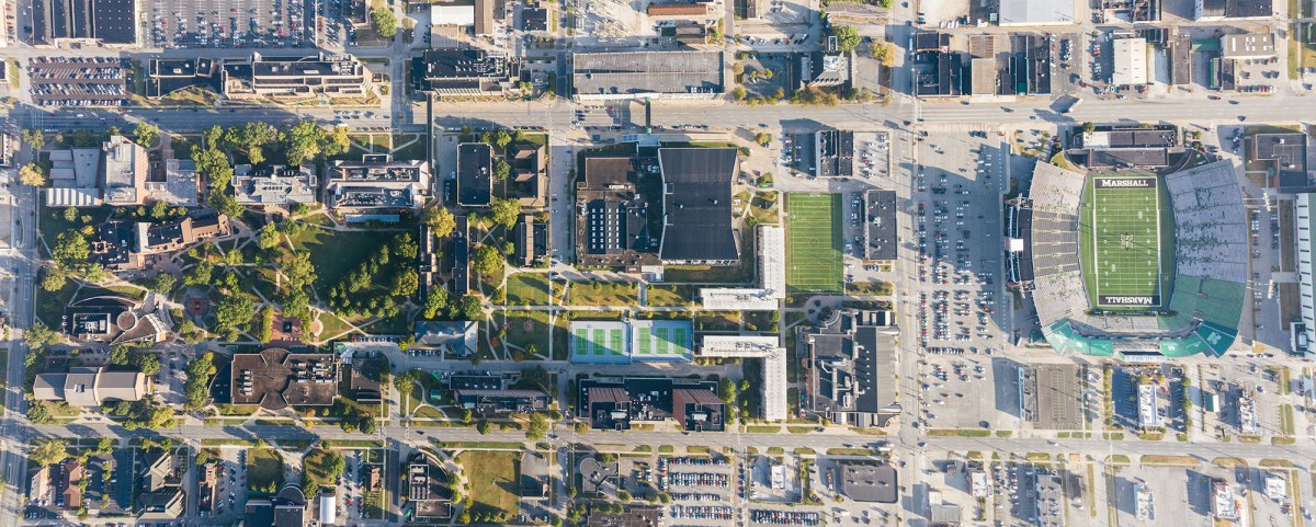 Image of drone shot of campus