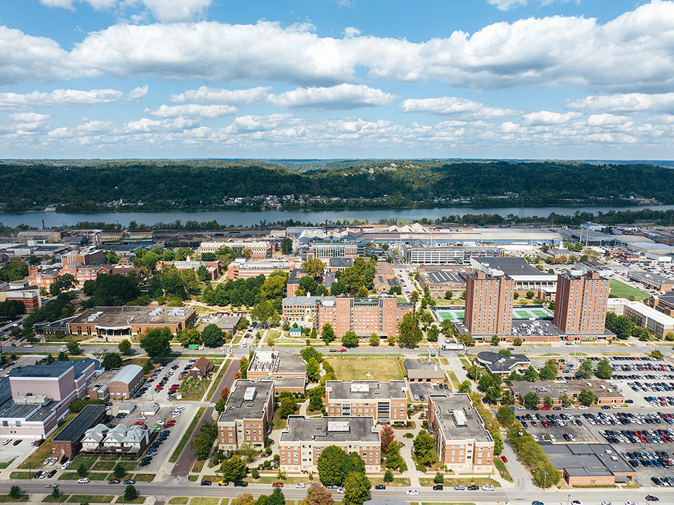 Drone shot of campus looking toward the Ohio River