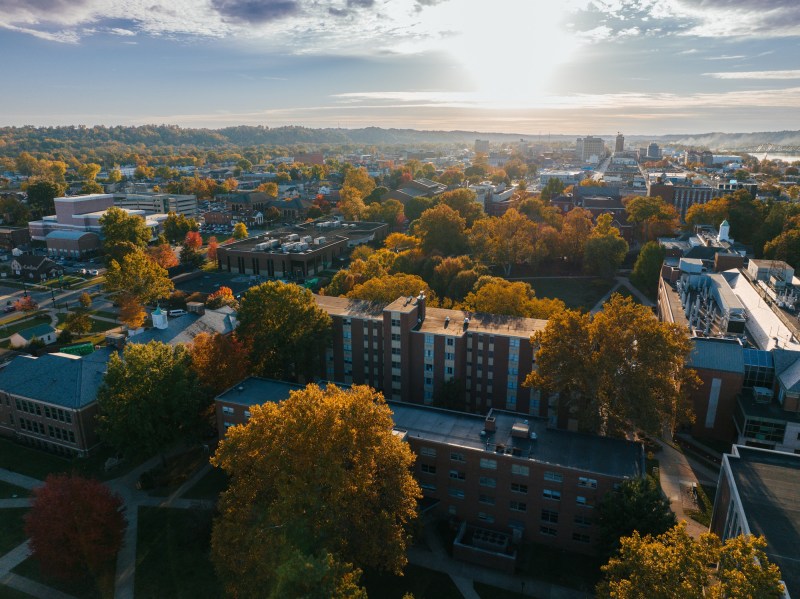 Drone image over campus looking west