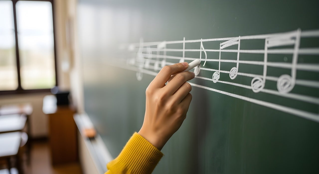 Image of someone writing music notes on chalkboard