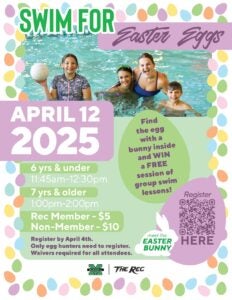 Poster for Egg Hunt at Rec Center with kids in a pool.