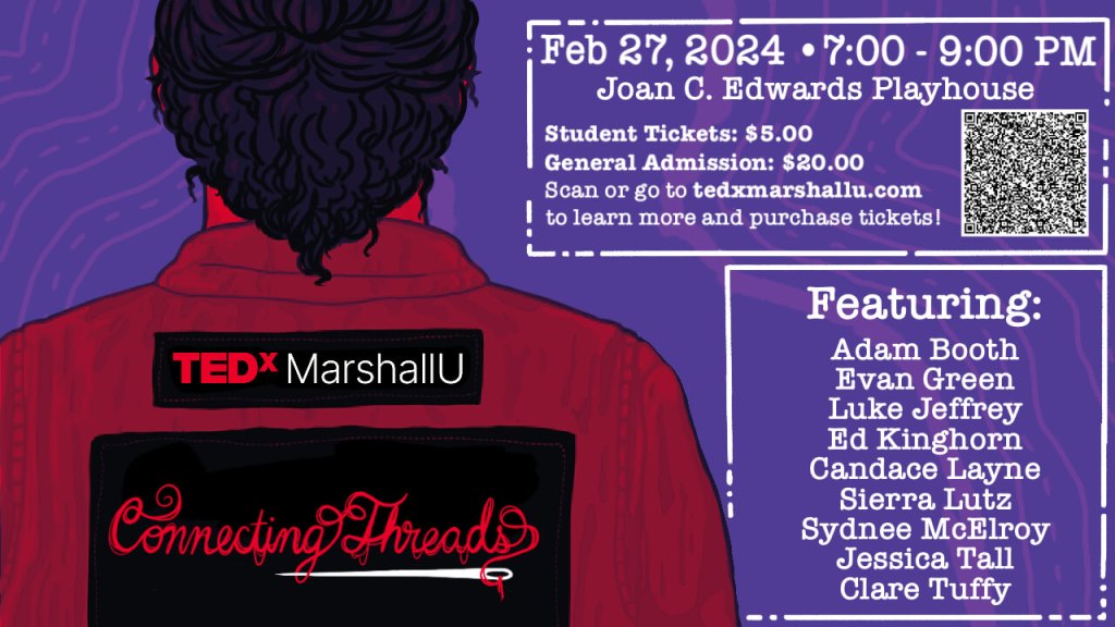 Invitation to TEDxMarshallU with QR code.