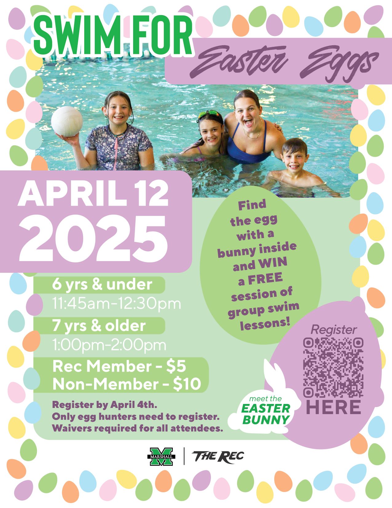 Poster for Egg Hunt at Rec Center with kids in a pool.