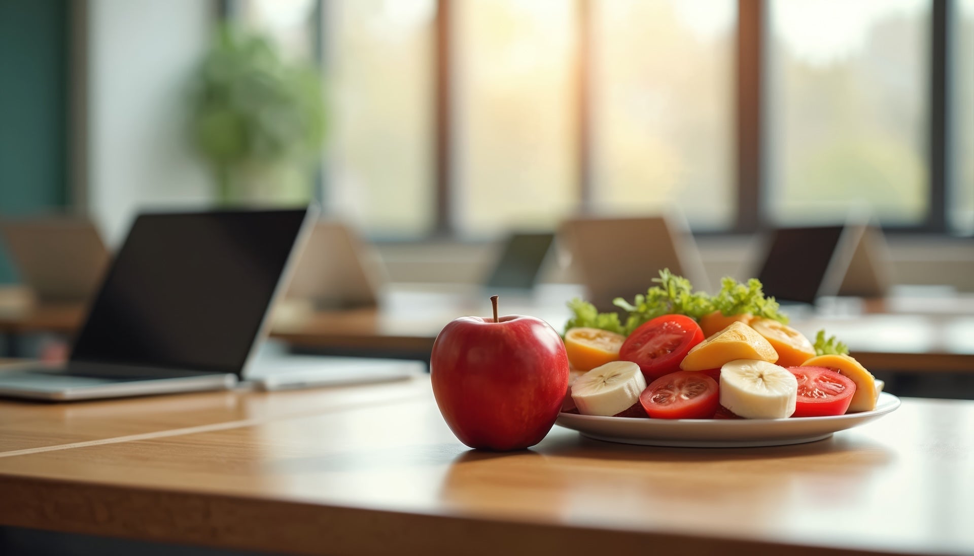 Image of food on table, computer in background