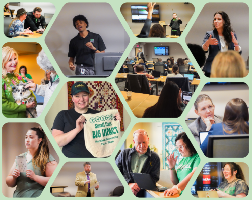 Collage of presenters smiling and talking with participants