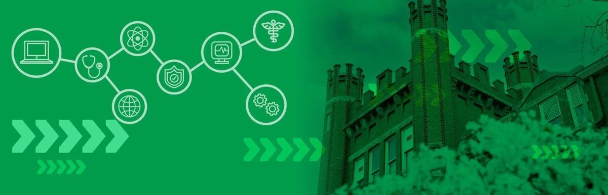 shot of Old Main with green overlay with microcredential icons