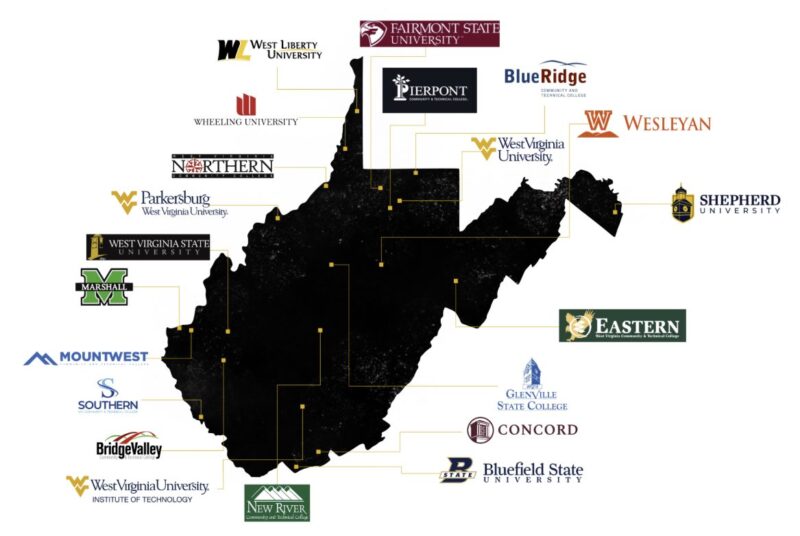 A map of West Virginia surrounded by the logos of the state's colleges and universities, each linked to its location on the map.