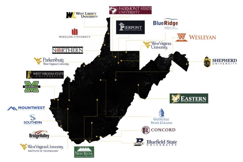 A map of West Virginia surrounded by the logos of the state's colleges and universities, each linked to its location on the map.