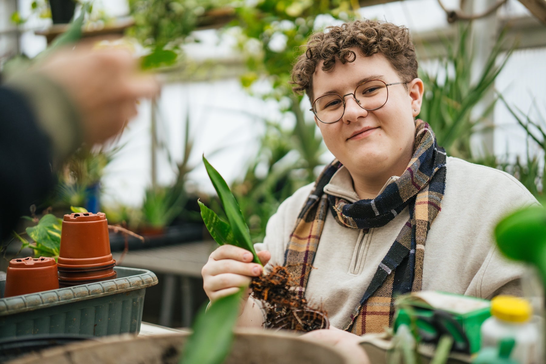 student in the greenhouse holding a plant with roots