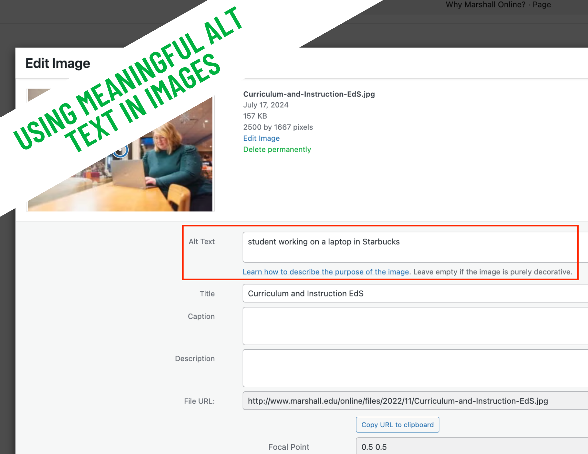 A screenshot of a word press website page builder showing the Alt text feature. With a white banner on the top left corner featuring the title "Using Meaningful Alt Text in Images"