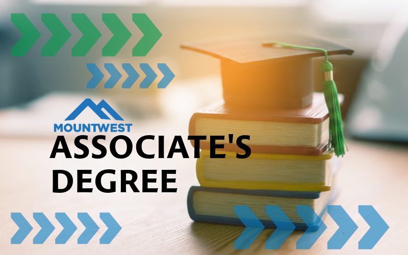 raphic promoting an associate’s degree pathway through Mountwest Community & Technical College. The image shows a graduation cap on a stack of books with blue and green directional arrows and the words “ASSOCIATE’S DEGREE” in large text across the center.