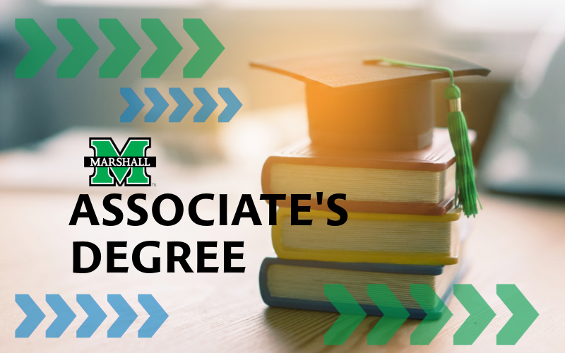 Graphic highlighting an associate’s degree pathway at Marshall University. A graduation cap rests on a stack of books in the background, with blue and green directional arrows surrounding the image and “ASSOCIATE’S DEGREE” displayed in large text.