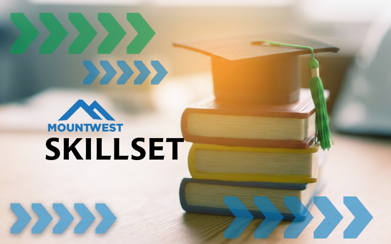 Graphic highlighting a skillset pathway through Mountwest Community & Technical College. The design features a graduation cap on a stack of books, blue and green directional arrows throughout the image, and the word “SKILLSET” in large text across the center.