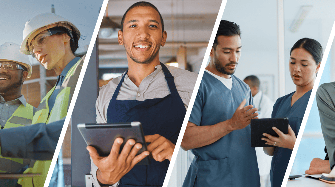 Photo Collage of individuals from various professions. People are wearing hardhats, aprons, scrubs or professional attire. Some hold iPads while another is teaching and another is holding reading glasses.