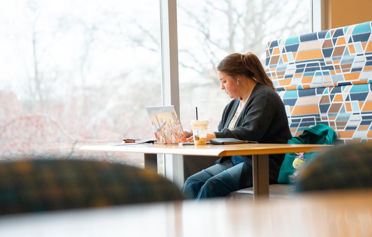 student working on a laptop in the library