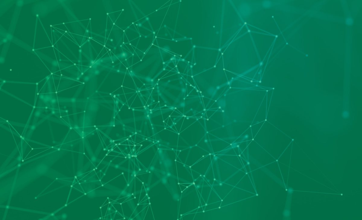 Abstract polygonal space background green with connection lines and dots for tech and business.