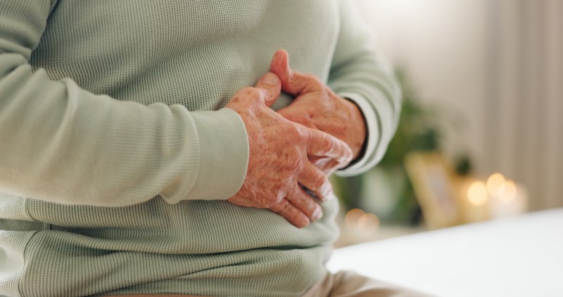 Hands, stomach pain with closeup and gut health, person has digestion issue and nutrition with elderly care. Sick, colon and gas with healthcare and wellness, help and support for stress and illness.