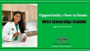 image of student and banner reads. opportunity close to home. metro scholarships available, apply now for fall 2022