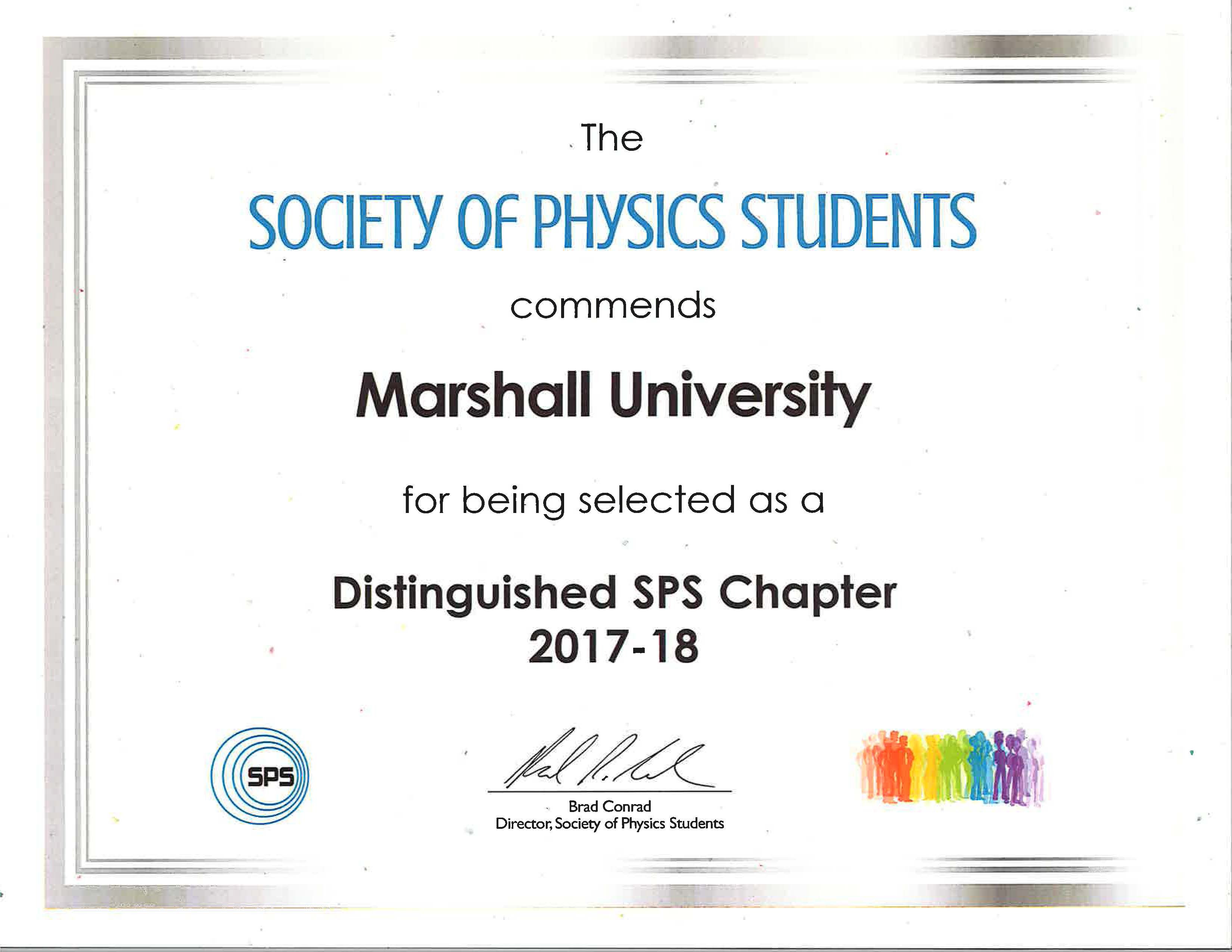 Society of Physics Students Distinguished Chapter award given to Marshall University chapter for 2017-2018