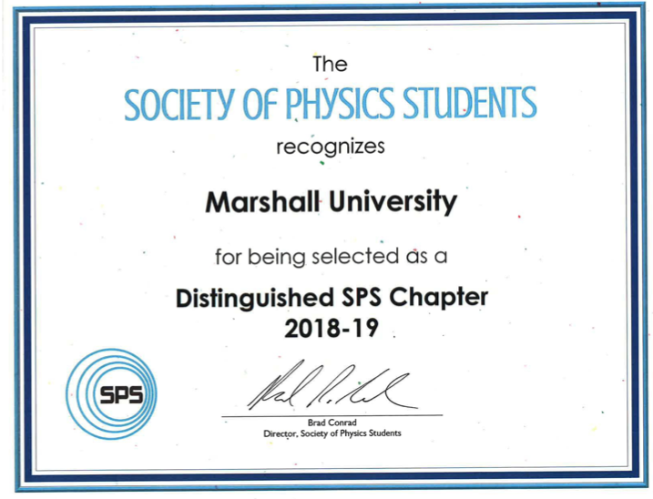 Society of Physics Students Distinguished Chapter award given to Marshall University chapter for 2018-2019