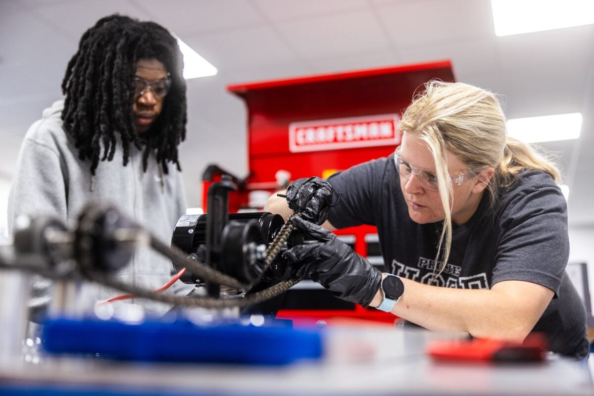 two students working on circuit in Marshall Advanced Manufacturing Center