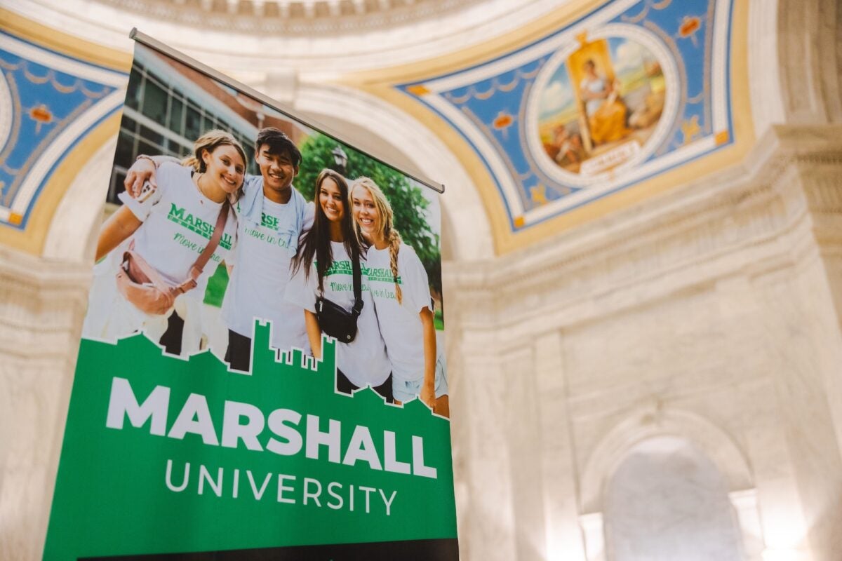 Marshall University pull up banner in the WV Capitol Rotunda
