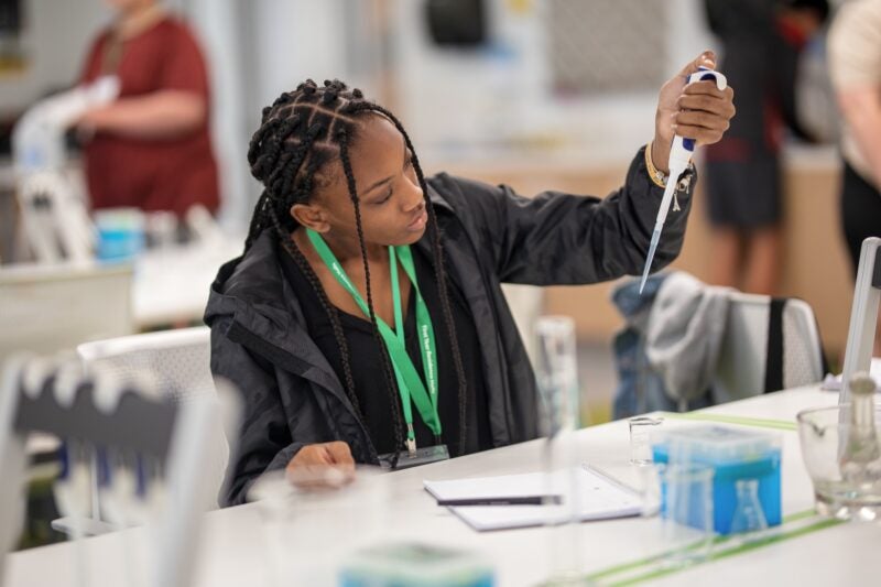 Students participate in Pharmacy Lab activities during the Marshall University Joan C. Edwards School of Medicine Health Care Pathways Initiative on Wednesday, June 5, 2024, at the School of Pharmacy in Huntington.