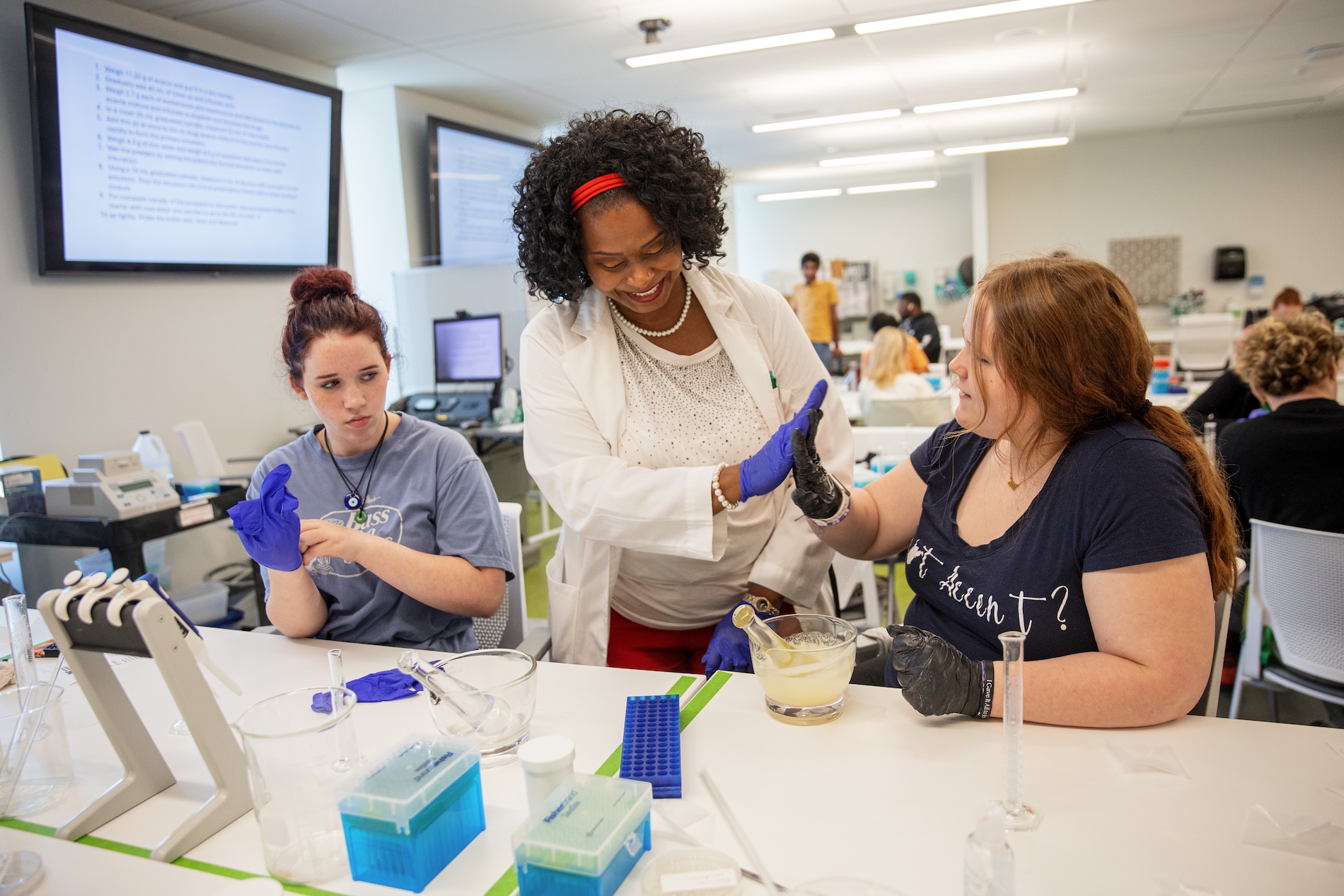 Students participate in Pharmacy Lab activities during the Marshall University Joan C. Edwards School of Medicine Health Care Pathways Initiative on Monday, June 10, 2024, at the School of Pharmacy in Huntington.