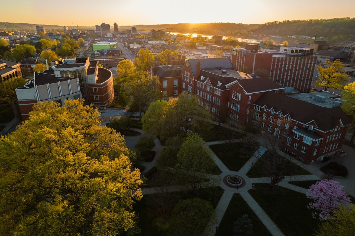 drone shot of Huntington campus at sunset