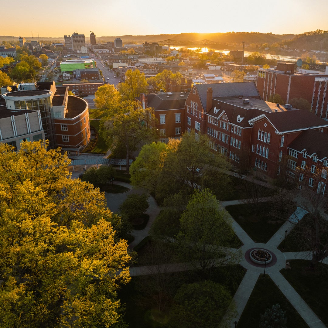 Drone image of the Marshall University campus at sunset