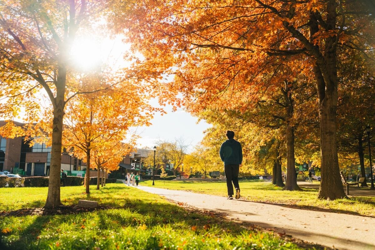 students walking across campus on a sunny day in the fall