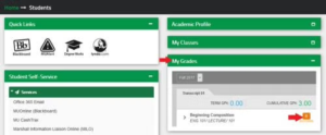 screenshot of the student dashboard on myMU with red arrows pointing to the My Grades section and the grade given