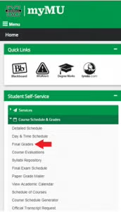 screenshot of myMU dashboard under the Student-Self Service tab to check final grades