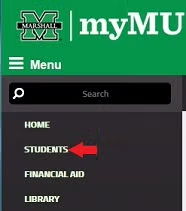 screenshot of myMU with a red arrow pointing to the Students tab