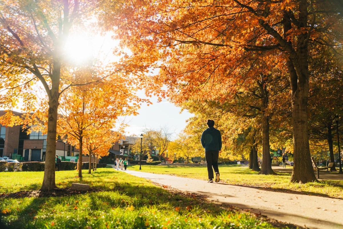 students walking across campus on a sunny day in the fall