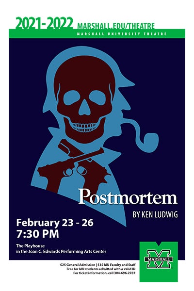 Silhouette of Sherlock Holmes with a pirate skull and two pistols forming the crossbones.