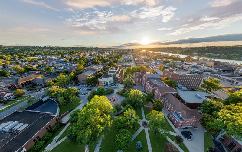 Marshall University and Huntington, WV from above at sunrise