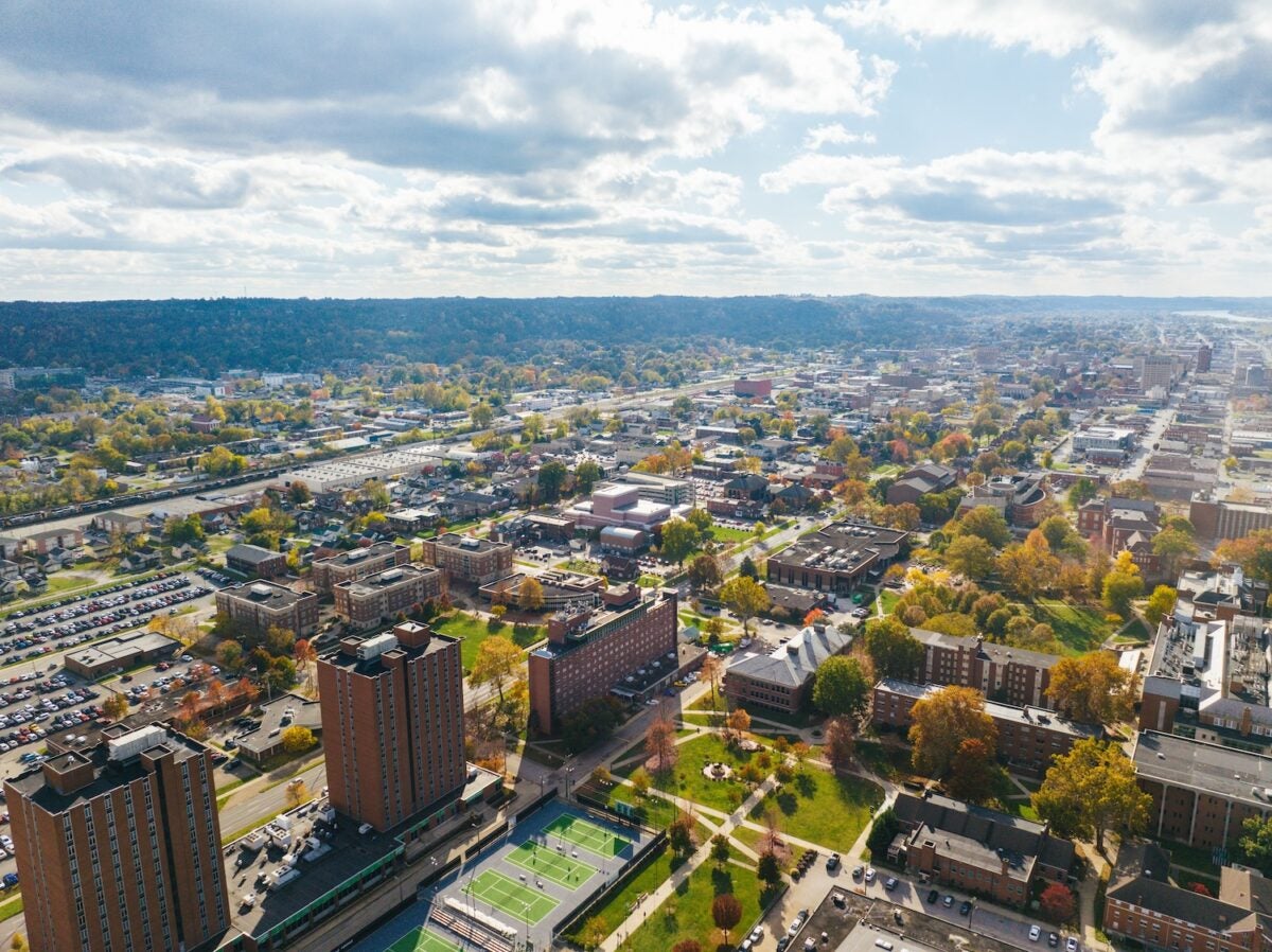 drone shot of campus in the fall