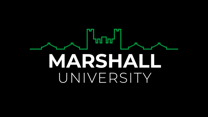 Marshall University wordmark with Old Main outline on a black background