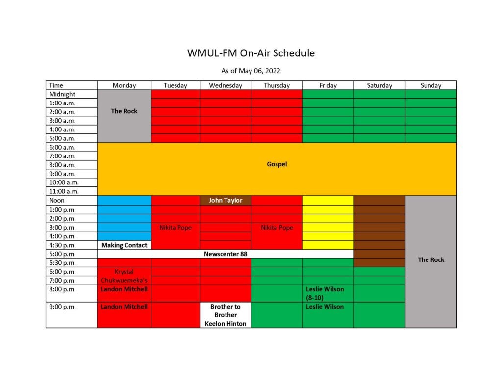 Programming Schedule - WMUL-FM 88.1 | The Cutting Edge