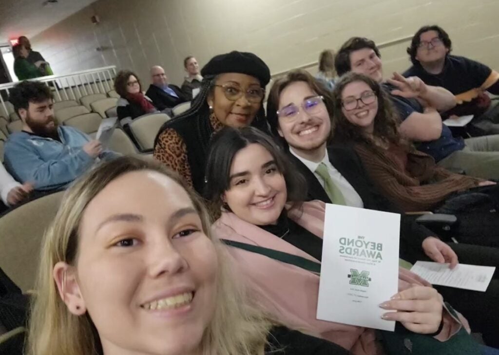 Group Photo including Sammi Riddle, Emma Johnson, Waylon Smith, Victoria Wilburn, Reagan Clagg, Dave Adkins, and Nate Harrah at W Page Pitt School of Journalism and Mass Communications Beyond Awards - November 27, 2023